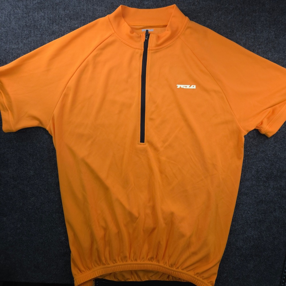 TSLA Cycling Jersey Mens Large Orange Short Sleeve 1/4 Zip Reflective Bike Shirt
